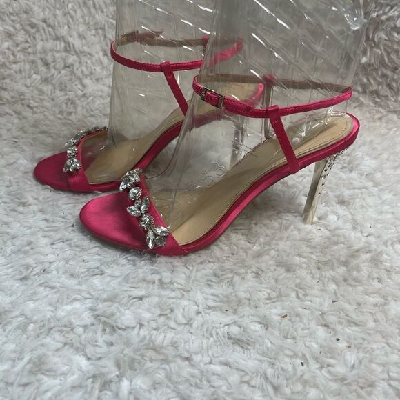 JEWEL BADGLEY MISCHKA Satin Hot Pink Rhinestone accents Ankle Strap Sandals SZ 8 - Picture 2 of 9